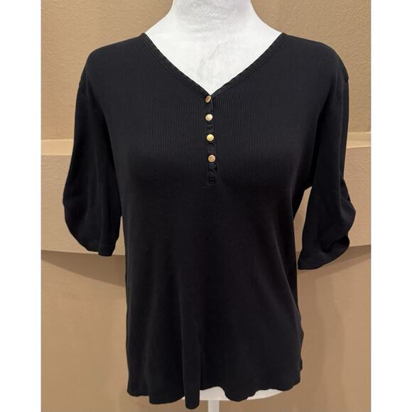 Lauren Ralph Lauren Womens Top Black V-Neck Buttons Short Sleeve Size XL - Picture 1 of 7